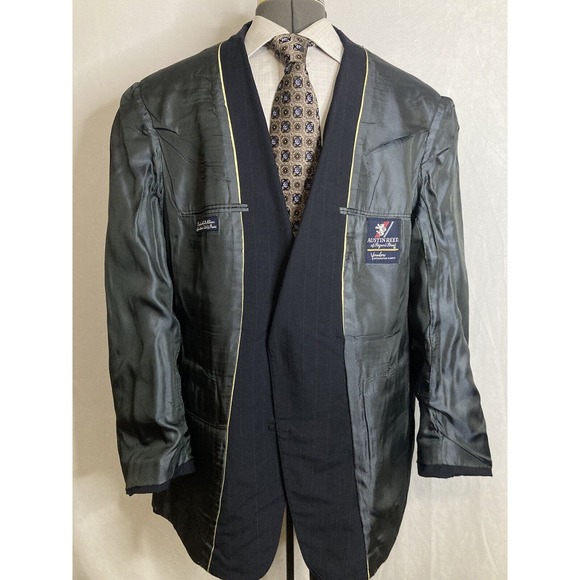 Mens Suit Jacket Blazer Sport Coat 46R 50" Navy Blue Stripe Wool USA Austin Reed - Picture 8 of 12